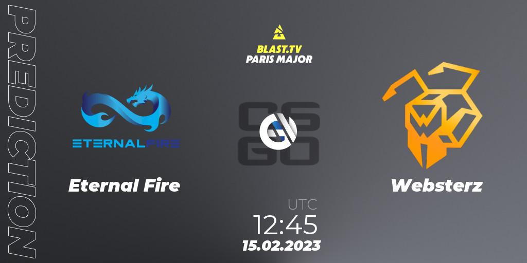 Pronósticos Eternal Fire - Websterz. 15.02.2023 at 12:45. BLAST.tv Paris Major 2023 Europe RMR Open Qualifier 2 - Counter-Strike (CS2)
