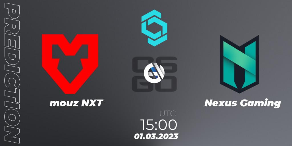 Pronósticos mouz NXT - Nexus Gaming. 01.03.2023 at 15:25. CCT North Europe Series #4 - Counter-Strike (CS2)