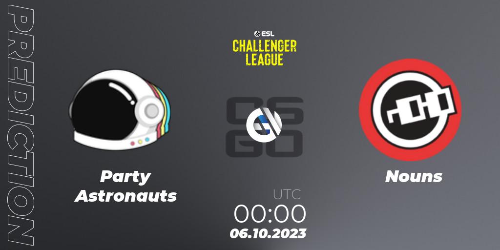 Pronósticos Party Astronauts - Nouns. 20.10.2023 at 00:00. ESL Challenger League Season 46: North America - Counter-Strike (CS2)