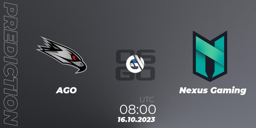 Pronósticos AGO - Nexus Gaming. 16.10.2023 at 09:00. European Pro League Season 11: Division 2 - Counter-Strike (CS2)