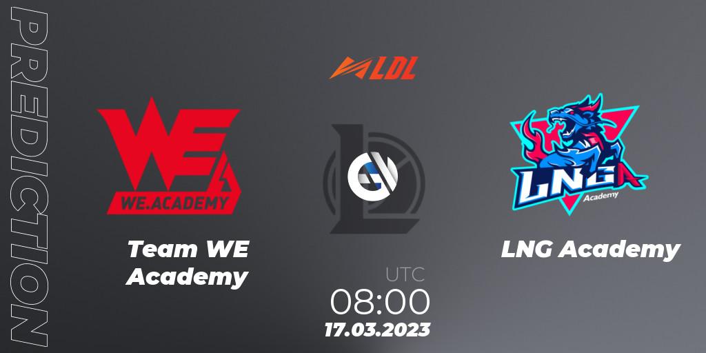 Pronósticos Team WE Academy - LNG Academy. 17.03.2023 at 08:00. LDL 2023 - Regular Season - LoL