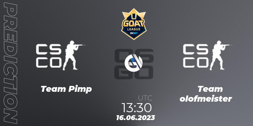 Pronósticos Team Pimp - Team olofmeister. 16.06.2023 at 13:30. 1xBet GOAT League 2023 Summer VACation - Counter-Strike (CS2)