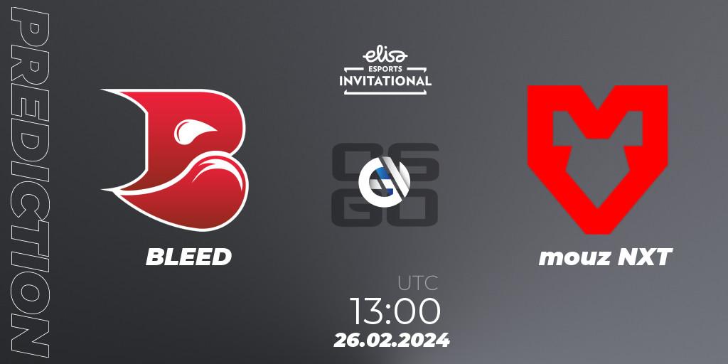 Pronósticos BLEED - mouz NXT. 26.02.2024 at 13:00. Elisa Invitational Spring 2024 Contenders - Counter-Strike (CS2)