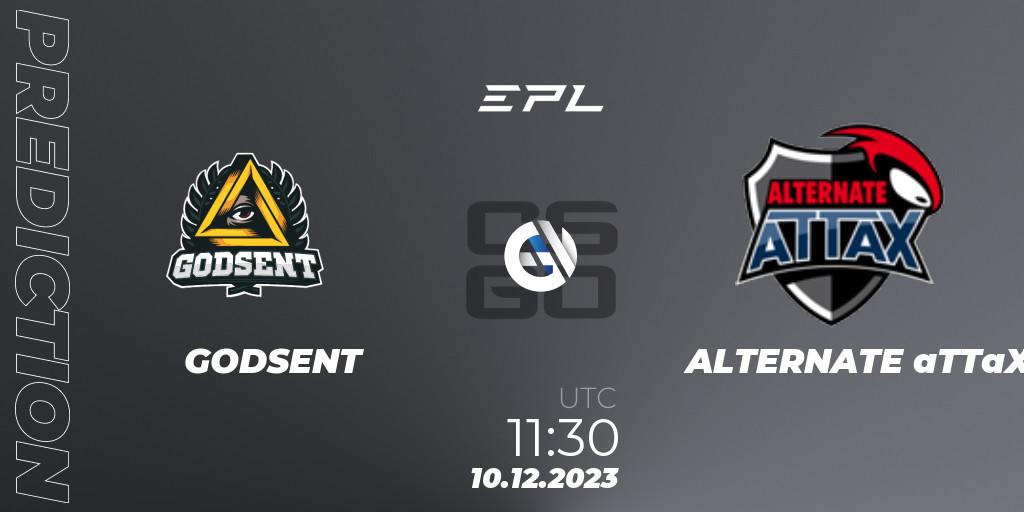 Pronósticos GODSENT - ALTERNATE aTTaX. 10.12.2023 at 12:20. European Pro League Season 12 - Counter-Strike (CS2)