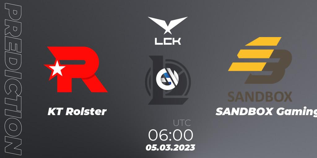 Pronósticos KT Rolster - SANDBOX Gaming. 05.03.2023 at 06:00. LCK Spring 2023 - Group Stage - LoL