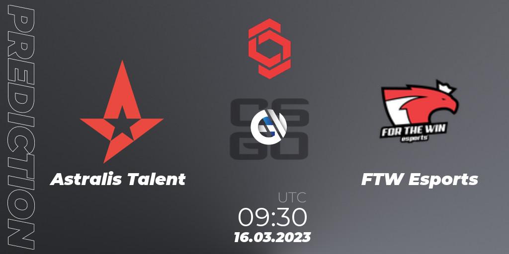 Pronósticos Astralis Talent - FTW Esports. 16.03.2023 at 09:30. CCT Central Europe Series 5 Closed Qualifier - Counter-Strike (CS2)