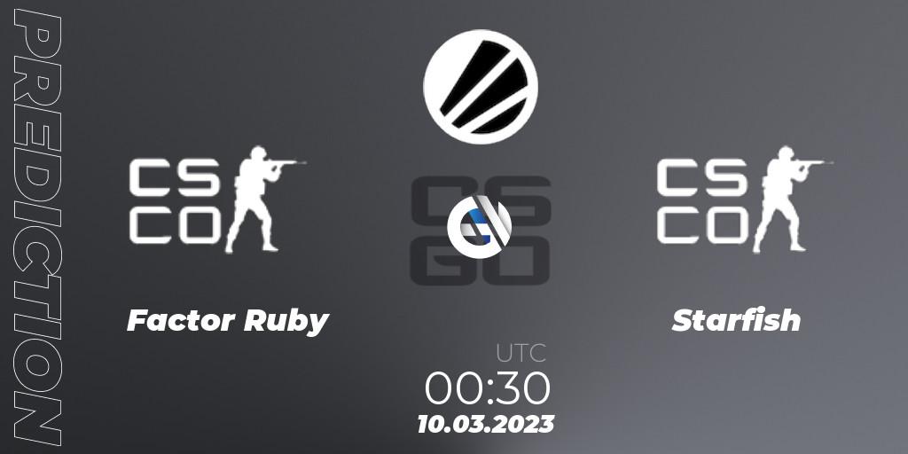 Pronósticos Factor Ruby - Starfish. 10.03.2023 at 00:30. ESL Impact League Season 3: North American Division - Counter-Strike (CS2)