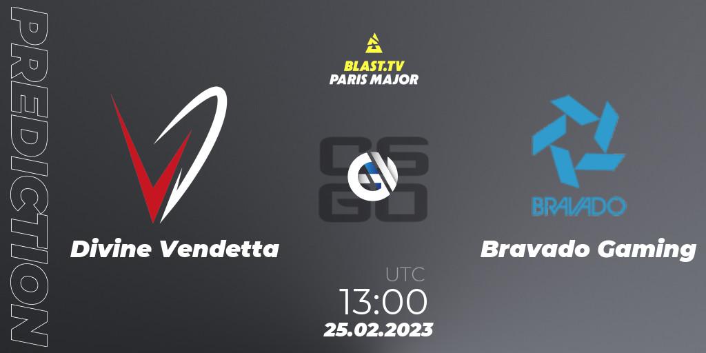 Pronósticos Divine Vendetta - Bravado Gaming. 25.02.2023 at 13:00. BLAST.tv Paris Major 2023 Middle East RMR Closed Qualifier - Counter-Strike (CS2)