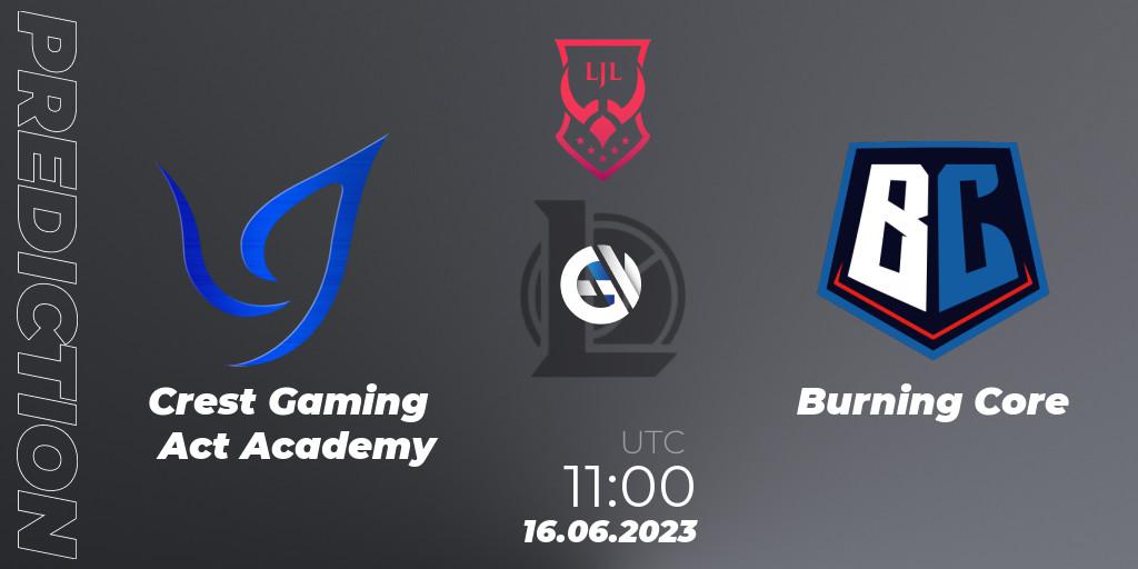 Pronósticos Crest Gaming Act Academy - Burning Core. 16.06.2023 at 11:00. LJL Summer 2023 - LoL