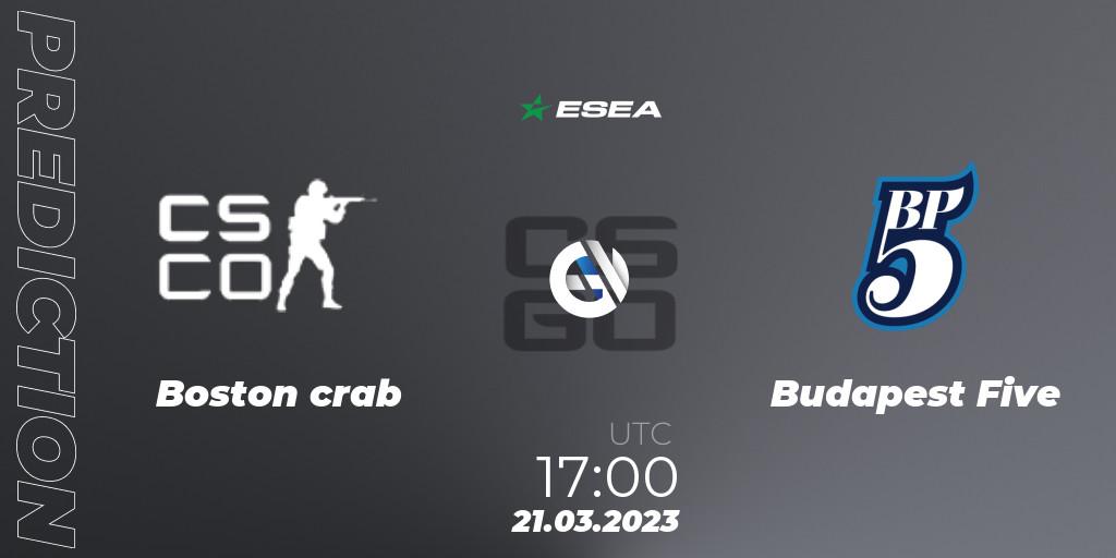Pronósticos Boston crab - Budapest Five. 21.03.23. ESEA Season 44: Advanced Division - Europe - CS2 (CS:GO)