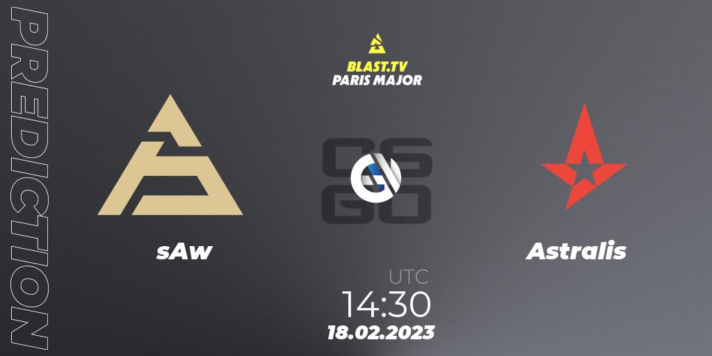 Pronósticos sAw - Astralis. 18.02.2023 at 14:30. BLAST.tv Paris Major 2023 Europe RMR Closed Qualifier A - Counter-Strike (CS2)