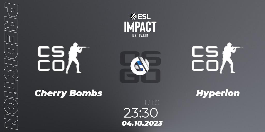 Pronósticos Cherry Bombs - Hyperion. 04.10.2023 at 23:30. ESL Impact League Season 4: North American Division - Counter-Strike (CS2)