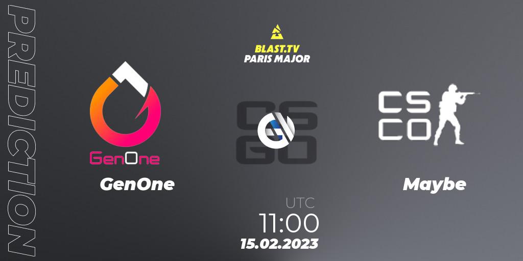Pronósticos GenOne - Maybe. 15.02.2023 at 11:00. BLAST.tv Paris Major 2023 Europe RMR Open Qualifier 2 - Counter-Strike (CS2)