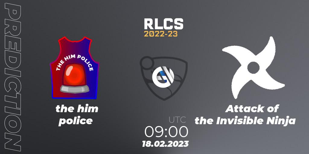 Pronósticos the him police - Attack of the Invisible Ninja. 18.02.2023 at 09:00. RLCS 2022-23 - Winter: Oceania Regional 2 - Winter Cup - Rocket League
