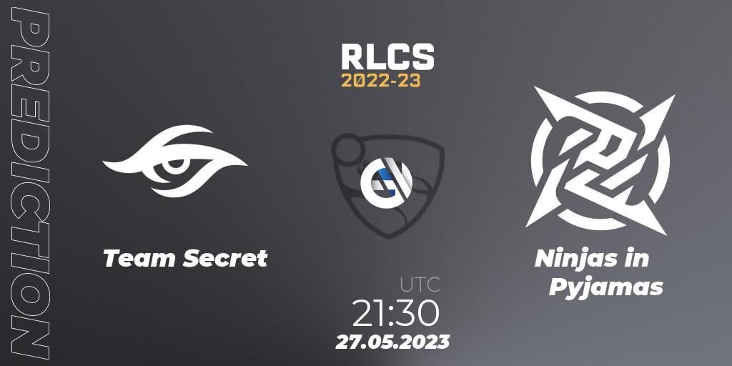 Pronósticos Team Secret - Ninjas in Pyjamas. 27.05.2023 at 21:40. RLCS 2022-23 - Spring: South America Regional 2 - Spring Cup - Rocket League