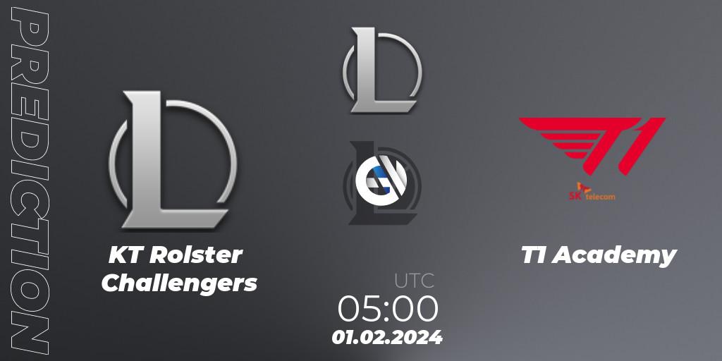 Pronósticos KT Rolster Challengers - T1 Academy. 01.02.2024 at 05:00. LCK Challengers League 2024 Spring - Group Stage - LoL