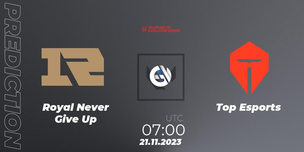 Pronósticos Royal Never Give Up - Top Esports. 21.11.2023 at 07:00. VALORANT China Evolution Series Act 3: Heritability - VALORANT