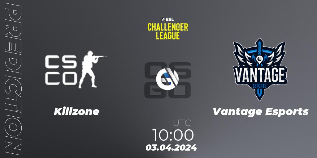 Pronósticos Killzone - Vantage Esports. 03.04.2024 at 10:45. ESL Challenger League Season 47: Oceania - Counter-Strike (CS2)
