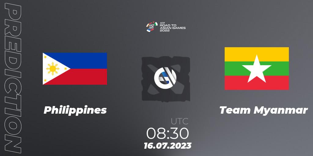Pronósticos Philippines - Team Myanmar. 16.07.2023 at 08:30. 2022 AESF Road to Asian Games - Southeast Asia - Dota 2
