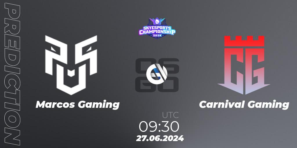 Pronósticos Marcos Gaming - Carnival Gaming. 27.06.2024 at 09:30. Skyesports Championship 2024: Indian Qualifier - Counter-Strike (CS2)