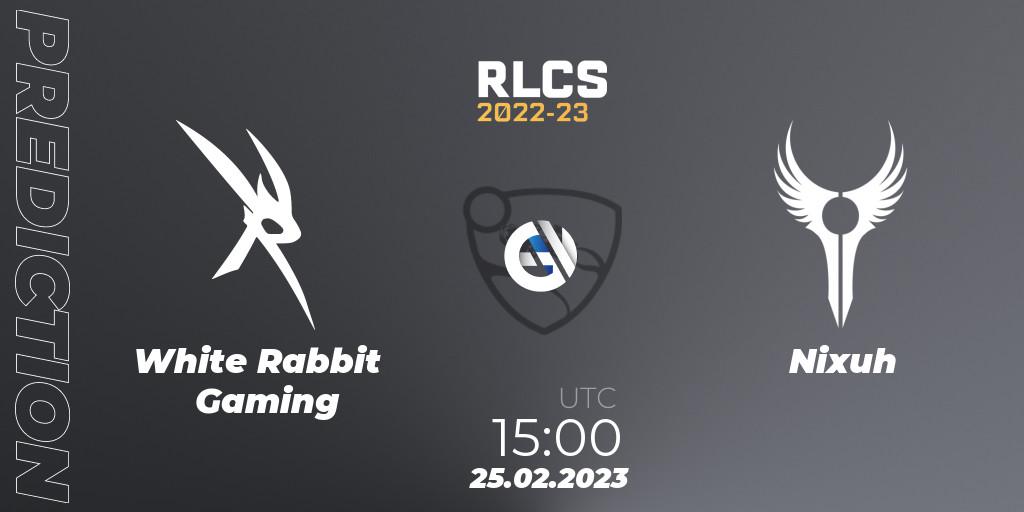 Pronósticos White Rabbit Gaming - Nixuh. 25.02.2023 at 15:00. RLCS 2022-23 - Winter: Sub-Saharan Africa Regional 3 - Winter Invitational - Rocket League