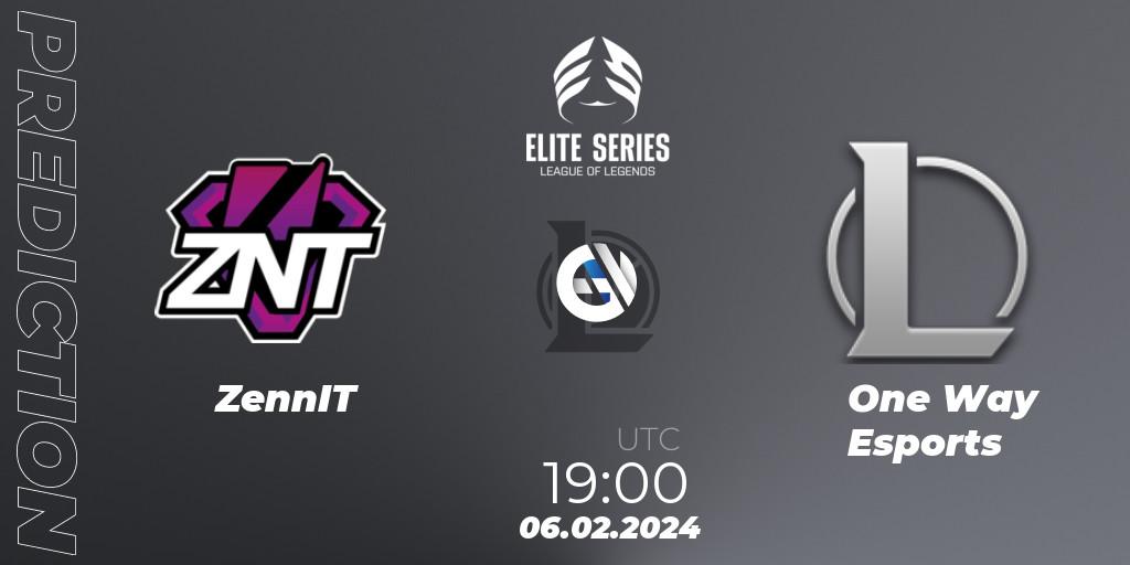 Pronósticos ZennIT - One Way Esports. 06.02.2024 at 19:00. Elite Series Spring 2024 - LoL