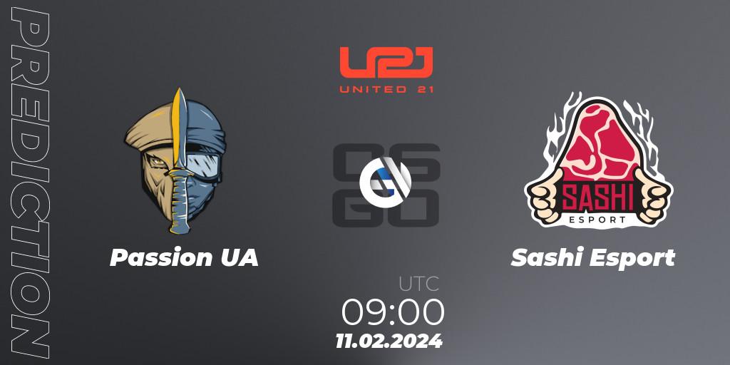 Pronósticos Passion UA - Sashi Esport. 11.02.2024 at 09:30. United21 Season 11 - Counter-Strike (CS2)