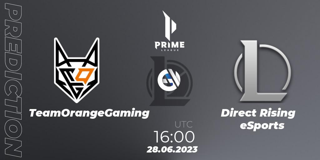 Pronósticos TeamOrangeGaming - Direct Rising eSports. 28.06.2023 at 16:00. Prime League 2nd Division Summer 2023 - LoL