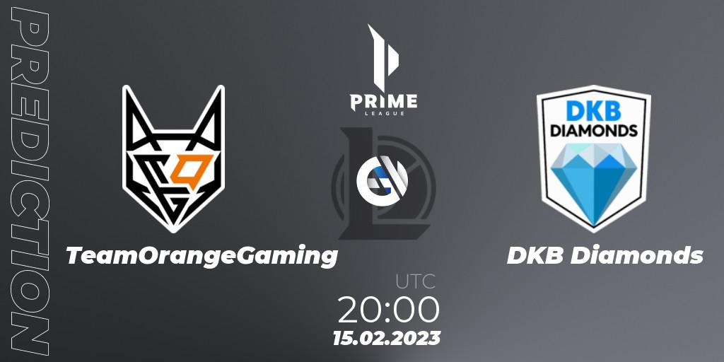 Pronósticos TeamOrangeGaming - DKB Diamonds. 15.02.2023 at 20:00. Prime League 2nd Division Spring 2023 - Group Stage - LoL