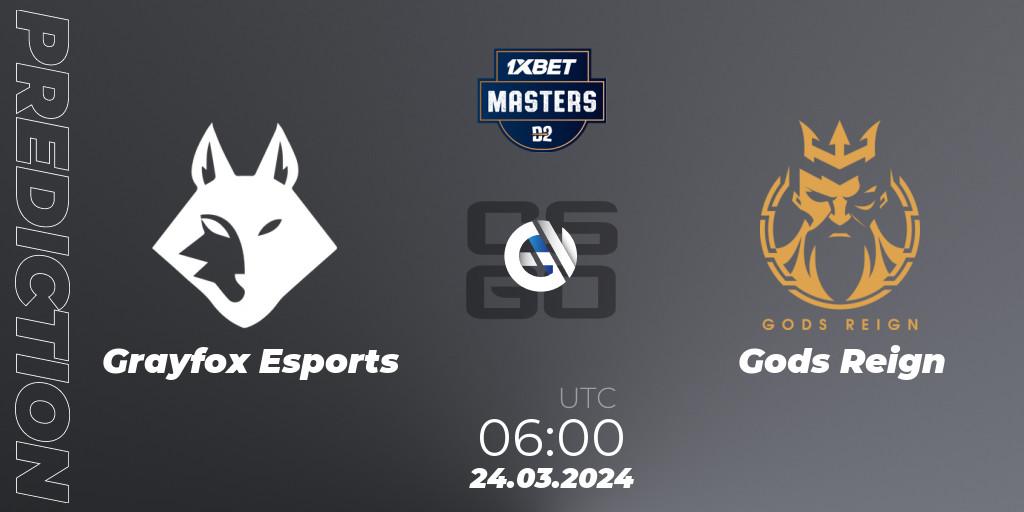 Pronósticos Grayfox Esports - Gods Reign. 24.03.2024 at 06:00. Dust2.in Masters #8 - Counter-Strike (CS2)