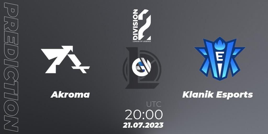 Pronósticos Akroma - Klanik Esports. 21.07.2023 at 20:00. LFL Division 2 Summer 2023 - Group Stage - LoL