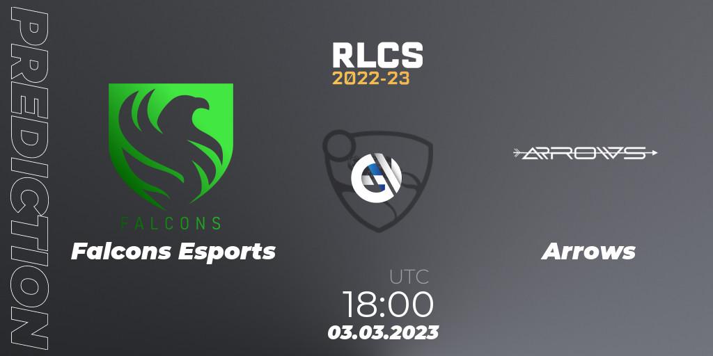 Pronósticos Falcons Esports - Arrows. 03.03.2023 at 18:20. RLCS 2022-23 - Winter: Middle East and North Africa Regional 3 - Winter Invitational - Rocket League