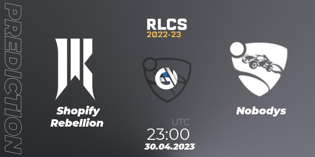 Pronósticos Shopify Rebellion - Nobodys. 30.04.2023 at 23:00. RLCS 2022-23 - Spring: North America Regional 1 - Spring Open: Closed Qualifier - Rocket League