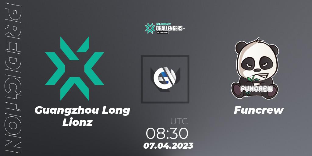 Pronósticos Guangzhou Long Lionz - Funcrew. 07.04.2023 at 08:30. VALORANT Challengers 2023: Oceania Split 2 - Group Stage - VALORANT