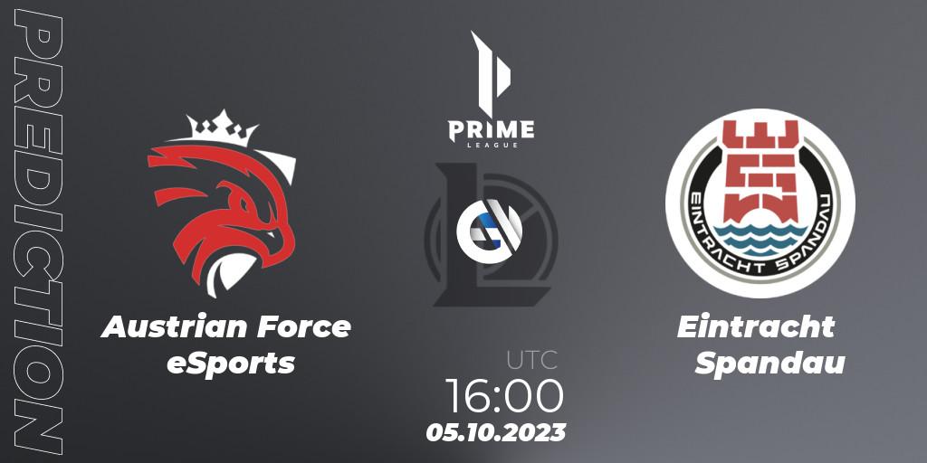 Pronósticos Austrian Force eSports - Eintracht Spandau. 05.10.2023 at 16:00. Prime League Pokal 2023 - LoL