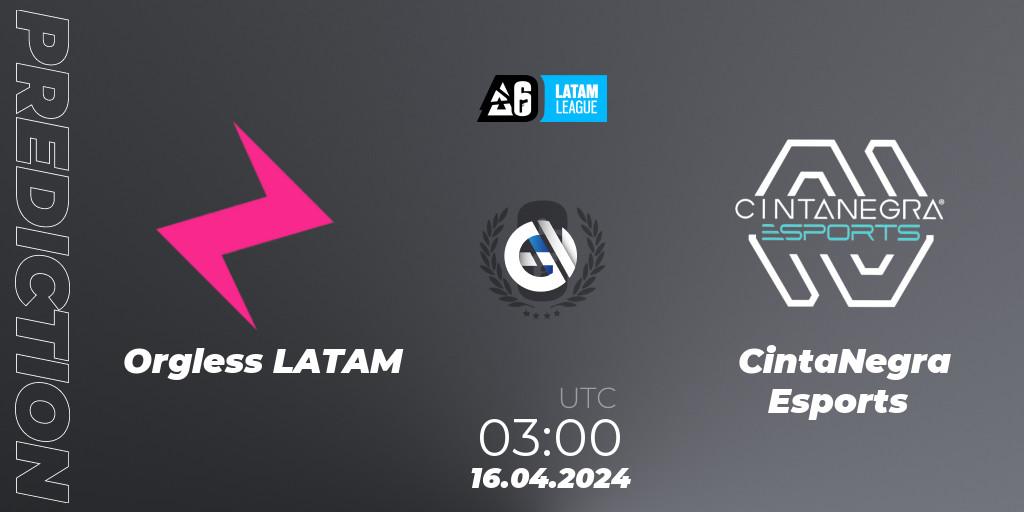 Pronósticos Orgless LATAM - CintaNegra Esports. 16.04.2024 at 03:00. LATAM League 2024 - Stage 1: LATAM North - Rainbow Six