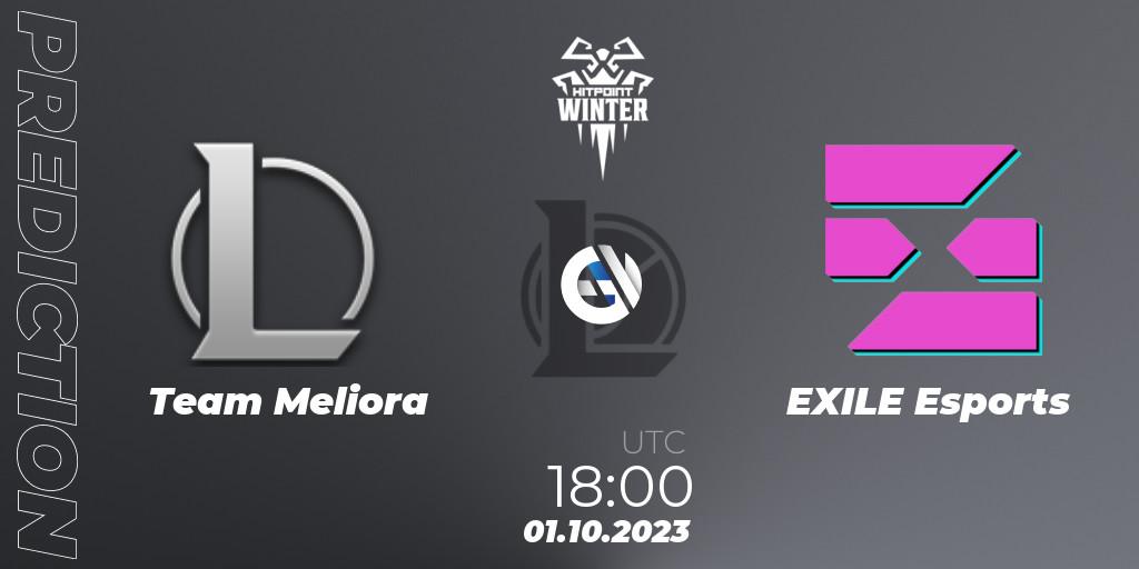 Pronósticos Team Meliora - EXILE Esports. 01.10.2023 at 18:00. Hitpoint Masters Winter 2023 - Group Stage - LoL