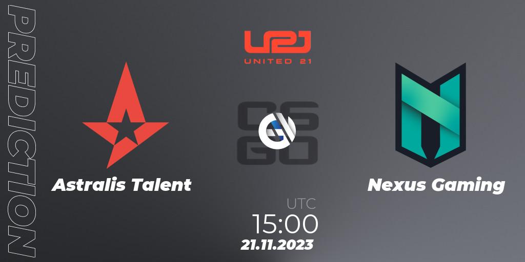 Pronósticos Astralis Talent - Nexus Gaming. 21.11.2023 at 16:00. United21 Season 8 - Counter-Strike (CS2)
