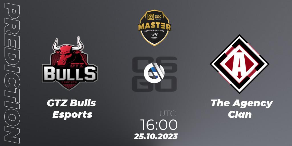 Pronósticos GTZ Bulls Esports - The Agency Clan. 25.10.23. Master League Portugal Season 12: Online Stage - CS2 (CS:GO)