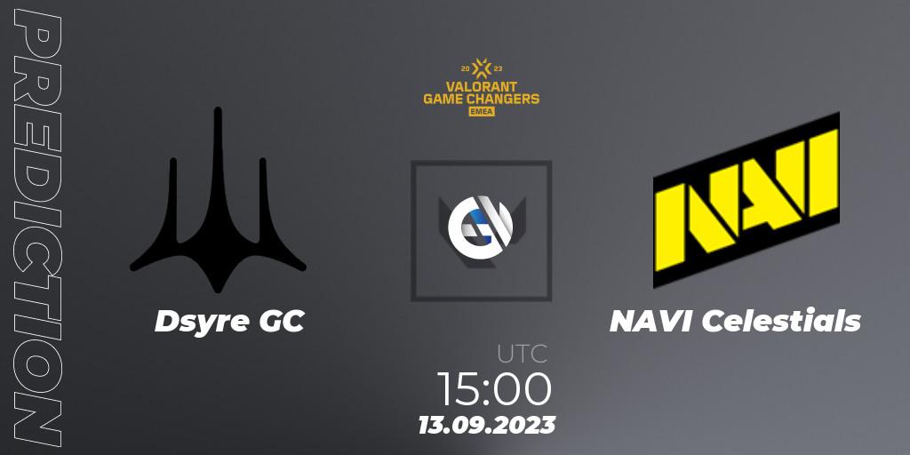 Pronósticos Dsyre GC - NAVI Celestials. 13.09.2023 at 15:00. VCT 2023: Game Changers EMEA Stage 3 - Group Stage - VALORANT