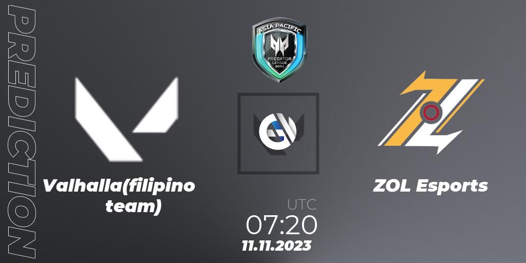 Pronósticos Valhalla(filipino team) - ZOL Esports. 11.11.2023 at 12:00. Predator League Philippines 2024 - VALORANT