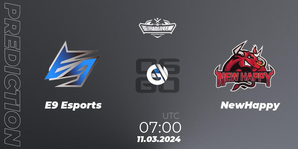 Pronósticos E9 Esports - NewHappy. 11.03.2024 at 08:00. Asian Super League Season 2 - Counter-Strike (CS2)