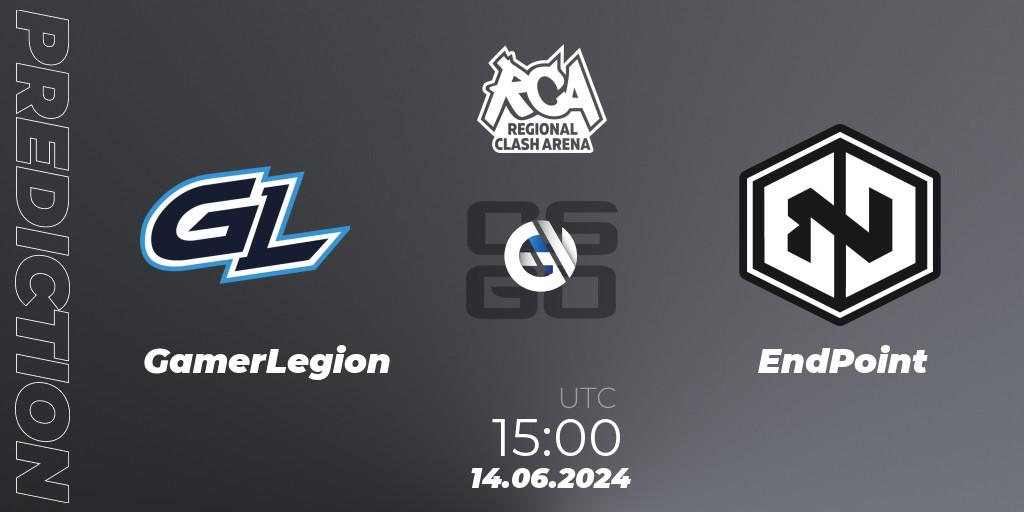 Pronósticos GamerLegion - EndPoint. 14.06.2024 at 15:00. Regional Clash Arena Europe - Counter-Strike (CS2)