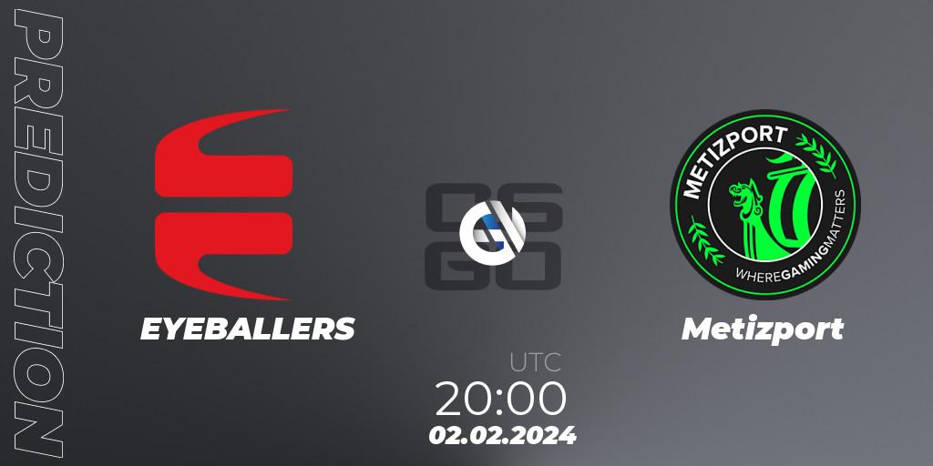 Pronósticos EYEBALLERS - Metizport. 02.02.2024 at 20:00. Pelaajat Series Spring 2024 Nordics Open Qualifier 1 - Counter-Strike (CS2)