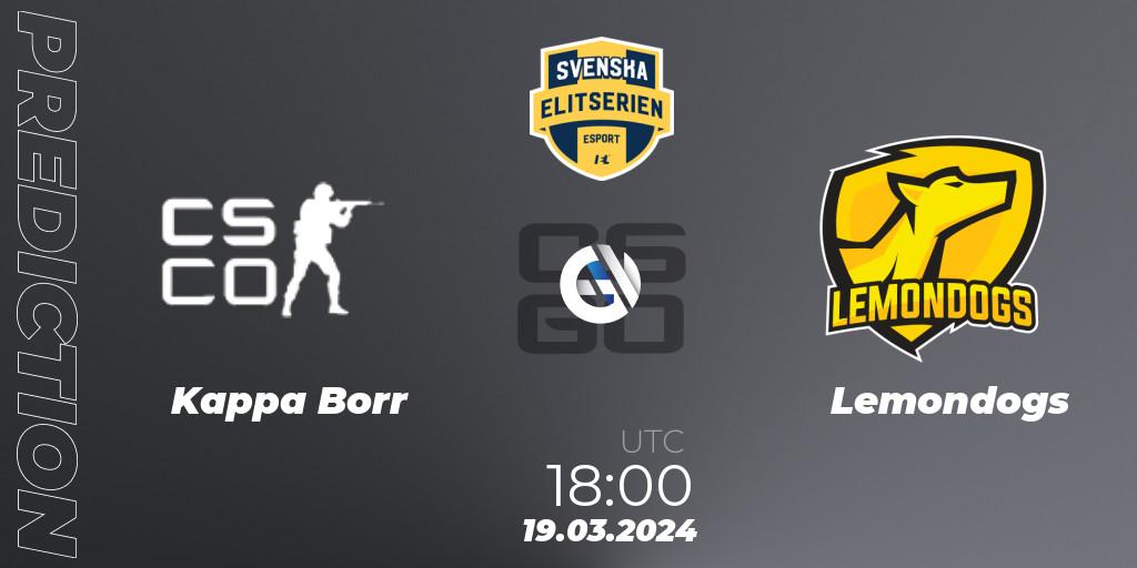 Pronósticos Kappa Borr - Lemondogs. 19.03.2024 at 18:00. Svenska Elitserien Spring 2024 - Counter-Strike (CS2)