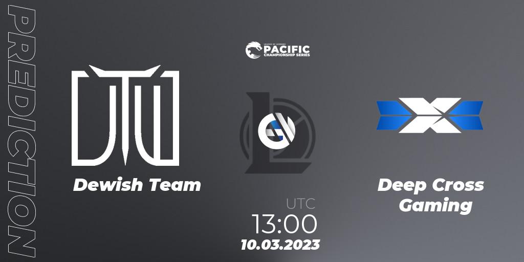 Pronósticos Dewish Team - Deep Cross Gaming. 10.03.2023 at 13:20. PCS Spring 2023 - Group Stage - LoL