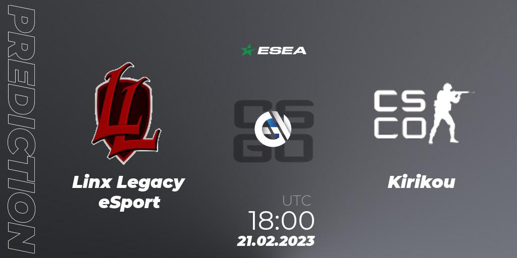 Pronósticos Linx Legacy eSport - Kirikou. 26.02.2023 at 19:30. ESEA Season 44: Advanced Division - Europe - Counter-Strike (CS2)