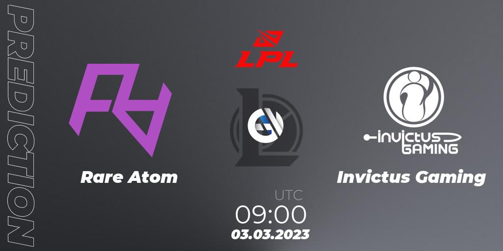 Pronósticos Rare Atom - Invictus Gaming. 03.03.2023 at 09:00. LPL Spring 2023 - Group Stage - LoL