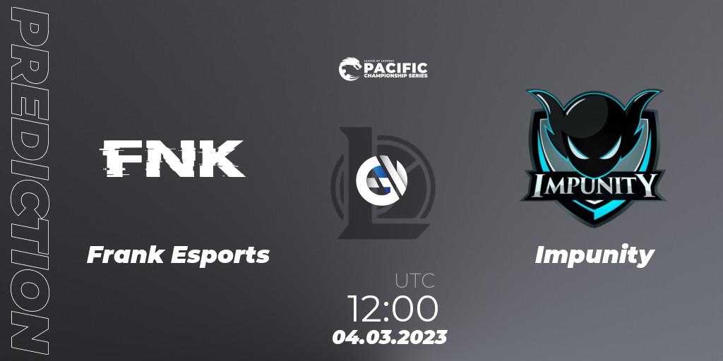 Pronósticos Frank Esports - Impunity. 04.03.2023 at 12:00. PCS Spring 2023 - Group Stage - LoL
