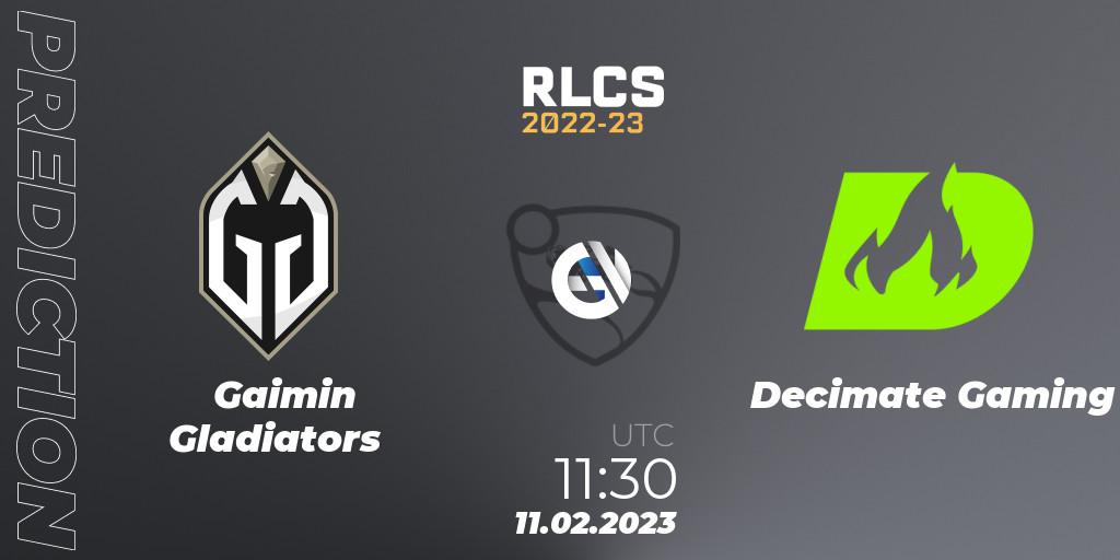 Pronósticos Gaimin Gladiators - Decimate Gaming. 11.02.2023 at 11:30. RLCS 2022-23 - Winter: Asia-Pacific Regional 2 - Winter Cup - Rocket League